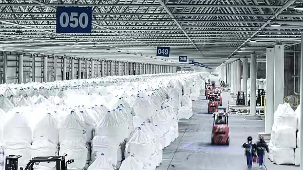 Finished goods warehouse with rows of 1,000 kg jumbo bags of sodium bicarbonate in numbered bays